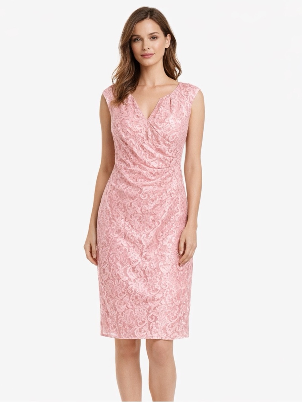 Adrianna Papell Split Neck Fully Pink Lace Dress Size 14